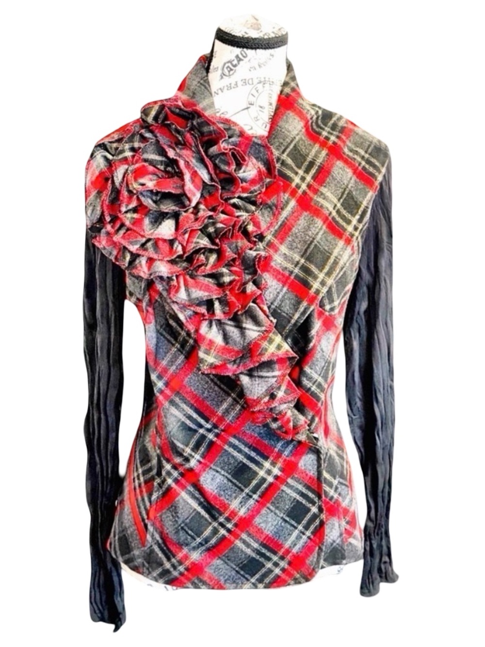 Alberto Malaki Asymmetrical Plaid Ruffle Top - Medium